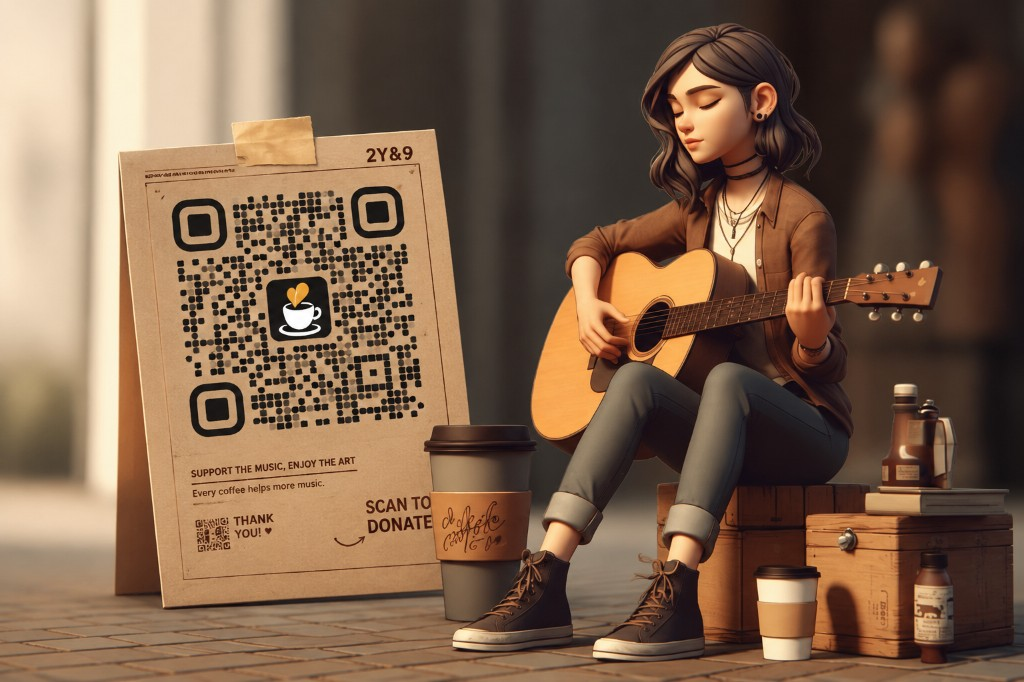 نوازنده‌ی گیتار خیابانی و کد QR حمایت کافیته